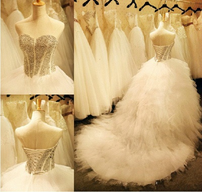 Crystals Ruffles Wedding Dress Sweetheart Sleeveless Lace-up_5