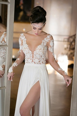 Elegant Long Sleeve Appliques Wedding Dress  With Front SPlit_6