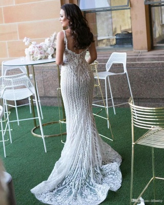 Gorgeous Lace Sexy Mermaid Wedding Dresses UK with Detachable Train Straps Sleeveless Bride Dress_3