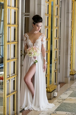 Elegant Long Sleeve Appliques Wedding Dress  With Front SPlit_4