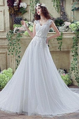 Timeless Lace Appliques Tulle Wedding Dress Cap Sleeve Beadss Zipper_1