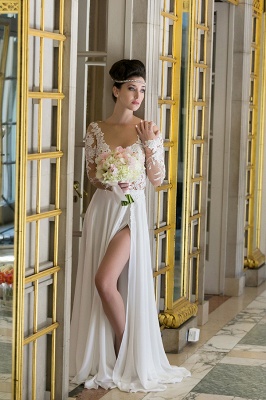 Elegant Long Sleeve Appliques Wedding Dress  With Front SPlit_5