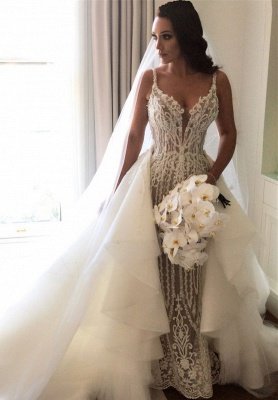 Gorgeous Lace Sexy Mermaid Wedding Dresses UK with Detachable Train Straps Sleeveless Bride Dress_2