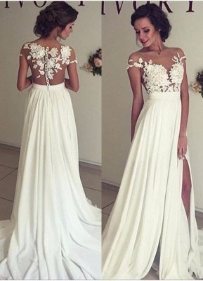 Elegant Lace Appliques Wedding Dress Long  Split_1