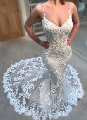 Elegant Lace Appliques Wedding Dresses UK | Spaghettis Straps  Sexy Mermaid Bridal Gowns_1