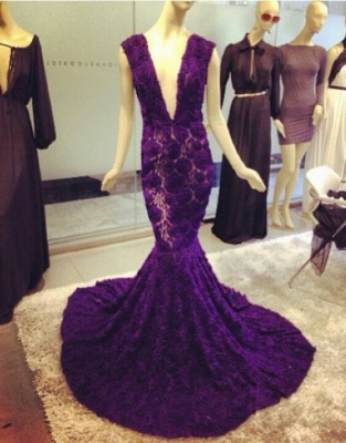 Modern Deep V-Neck Purple Prom Dress UKes UK Mermaid Lace Flowers_2