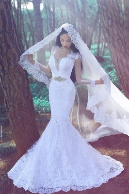 White Sexy Mermaid Tulle Appliques Wedding Dresses UK Long Sleeves Bridal Gowns with Beadss_1
