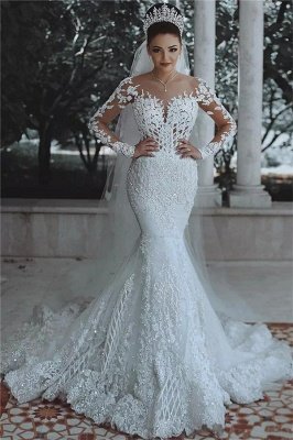 Glamorous Beaded Lace Sexy Mermaid Wedding Dresses UK with Sleeves Sheer Tulle Appliques Bride Dresses_1