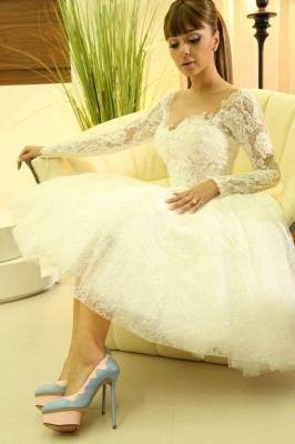 Modern Sweetheart Long Sleeve Short Wedding Dress With Lace Appliques_2