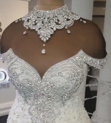 Glamorous Crystals  Sexy Mermaid Wedding Dresses UK | Off-the-Shoulder Appliques Bridal Gowns_5