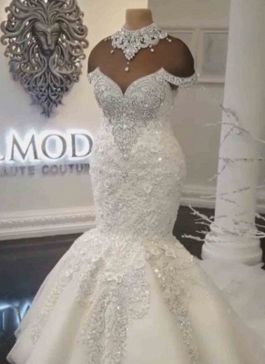 Glamorous Crystals  Sexy Mermaid Wedding Dresses UK | Off-the-Shoulder Appliques Bridal Gowns_2