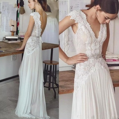 Long Elegant Cap-Sleeve Lace Crystal Lace Wedding Dress_5