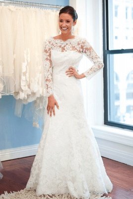 Elegant Lace Long Sleeve Wedding Dress White Sweep Train_1