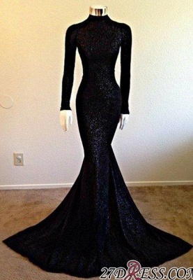 Modest Long-Sleeve Black High-Neck Mermaid Prom Dress UK sp0290_1
