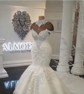 Glamorous Crystals  Sexy Mermaid Wedding Dresses UK | Off-the-Shoulder Appliques Bridal Gowns_1