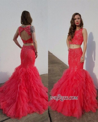 Open-Back Pieces Beadings Mermaid Appliques Tulle Two Red Prom Dress UK_3