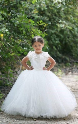 Lovely Bateau Cap Sleeve Tulle Girls Pageant Dress With Appliques Flower_1