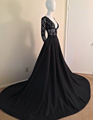 Elegant Black Long Sleeves Lace Porm Dress UK With V-Neck A-Line Evening Dress UK_1