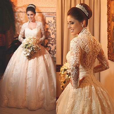 Modern Lace Long Sleeve Wedding Dress Ball Gown Button Zipper Back_3