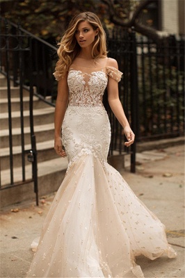 Tulle Newest Off-the-Shoulder Appliques Sexy Mermaid Wedding Dress_1