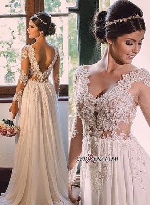 V-neck Simple A-line Backless Lace  Sweep-Train Wedding Dress LPL029_3