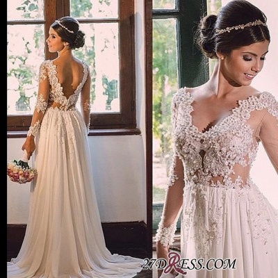V-neck Simple A-line Backless Lace  Sweep-Train Wedding Dress LPL029_1