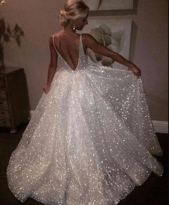 Sparkly Sequins Prom Dress UK | Backless White A-Line Evening Gowns_1
