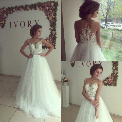 Elegant Sleeveless Lace Appliques Wedding Dress Tulle Zipper Back_4