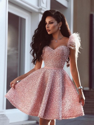 A-Line Beading Homecoming Dress UK | Luxury Feather Pink Party Dress UK_1