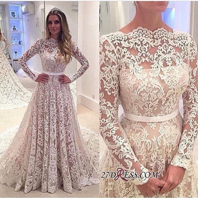 Long-Sleeves Backless Lace Bowknot Elegant A-Line Wedding Dress BA3858_1