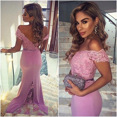 Sexy Lace Appliques Mermaid Prom Dress UK Off-the-shoulder Sweep Train_5