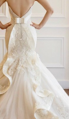 Stunning Sweetheart Lace Appliques Sexy Mermaid Wedding Dress Zipper Back With Train_3