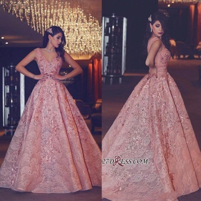 Flowers Luxury Lace Beading V-Neck Puffy Pink Evening Gowns_3