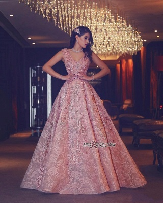 Flowers Luxury Lace Beading V-Neck Puffy Pink Evening Gowns_4