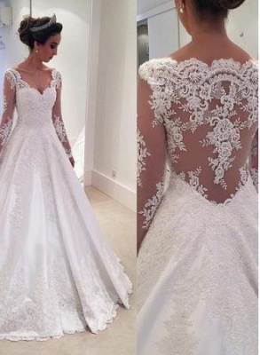 Sheer Long-Sleeves Lace Appliques Elegant A-line Wedding Dresses UK_2