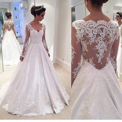 Sheer Long-Sleeves Lace Appliques Elegant A-line Wedding Dresses UK_3