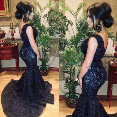 Black V-neck Beaded Lace Mermaid Prom Dress UK Sweep Train Backless Evening Gowns_2