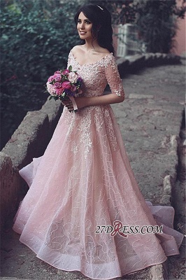 Tulle Pink A-Line Applique Half-Sleeve Long Prom Dress UKes UK_1