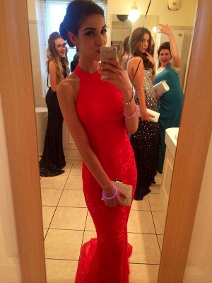 Lace Elegant Mermaid Prom Dress UK red High-neck Sleeveless Evening Gowns_3