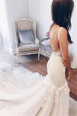 Sexy Mermaid  V-Neck Wedding Dresses UK Sleeveless Open Back Bridal Gowns with Buttons_3