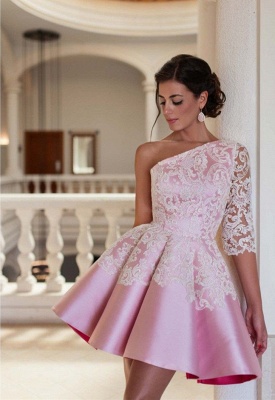Lovely One Sleeve Lace Appliques Homecoming Dress UK Pink Short Prom Dress UK_2