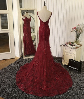 Lace Prom Burgundy Tulle Backless Mermaid Appliques Dress UKes UK Evening Gown_3