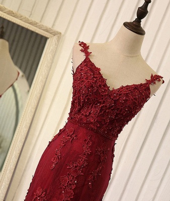 Lace Prom Burgundy Tulle Backless Mermaid Appliques Dress UKes UK Evening Gown_4