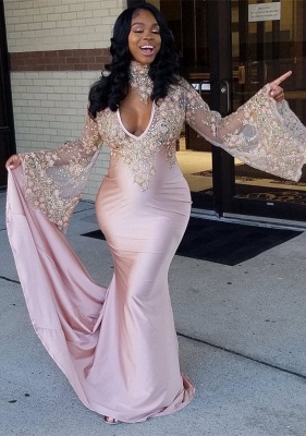 Luxury Long Sleeve Prom Dress UK Mermaid Pink With Lace Appliques BK0_2