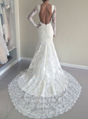 Backless Long-Sleeve Sexy Mermaid Gorgeous Sweep-Train Lace Wedding Dresses UK_2