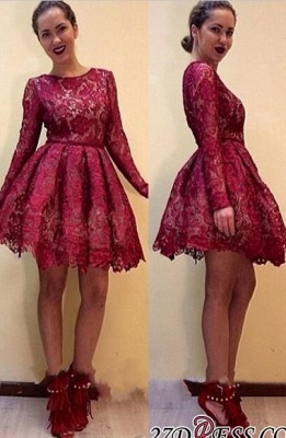 Short Burgundy Long-Sleeves A-line Lace Sexy Homecoming Dress UKes UK_3