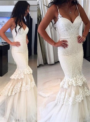 Delicate White  Sexy Mermaid Ruffles Wedding Dress | Lace Beads Bridal Gown_2
