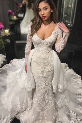 V-neck Beads Appliques Wedding Dresses UK with Sleeves | Sexy Mermaid Overskirt Bride Dresses_1