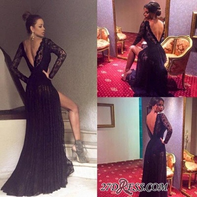 Black Elegant Sweep-Train Lace Long-Sleeve Prom Dress UK BA4357_1