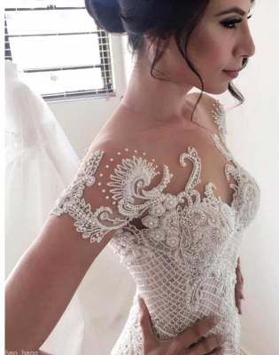 Gorgeous Ball Gown Lace Appliques Wedding Dress Short Sleeve Illusion LP076_4